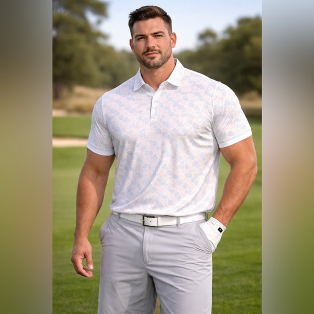 Men’s XXL White Geometric Performance Golf Polo Shirt NWT